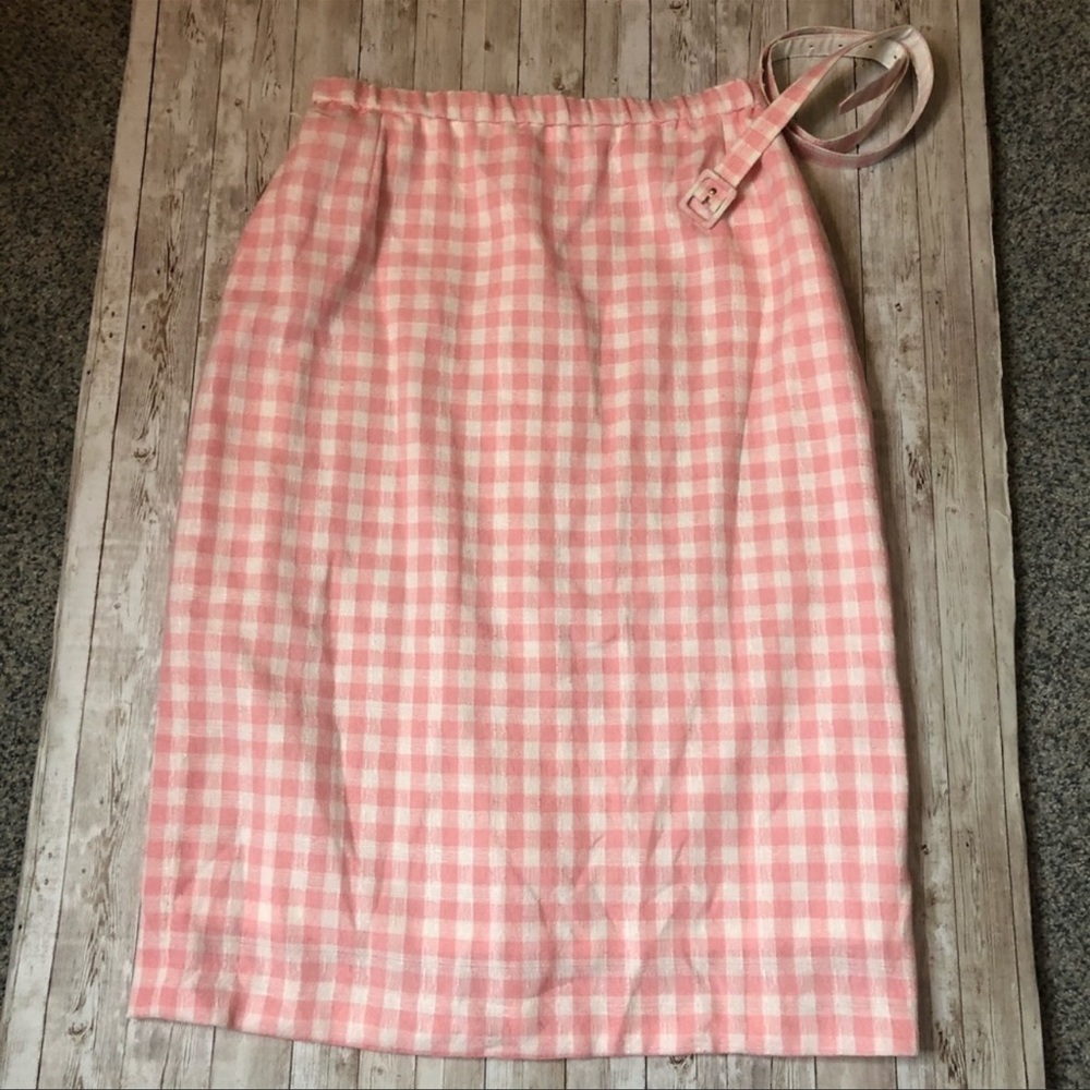 Vintage Cottagecore Pink White Checkered Pencil Skirt size XL Belt